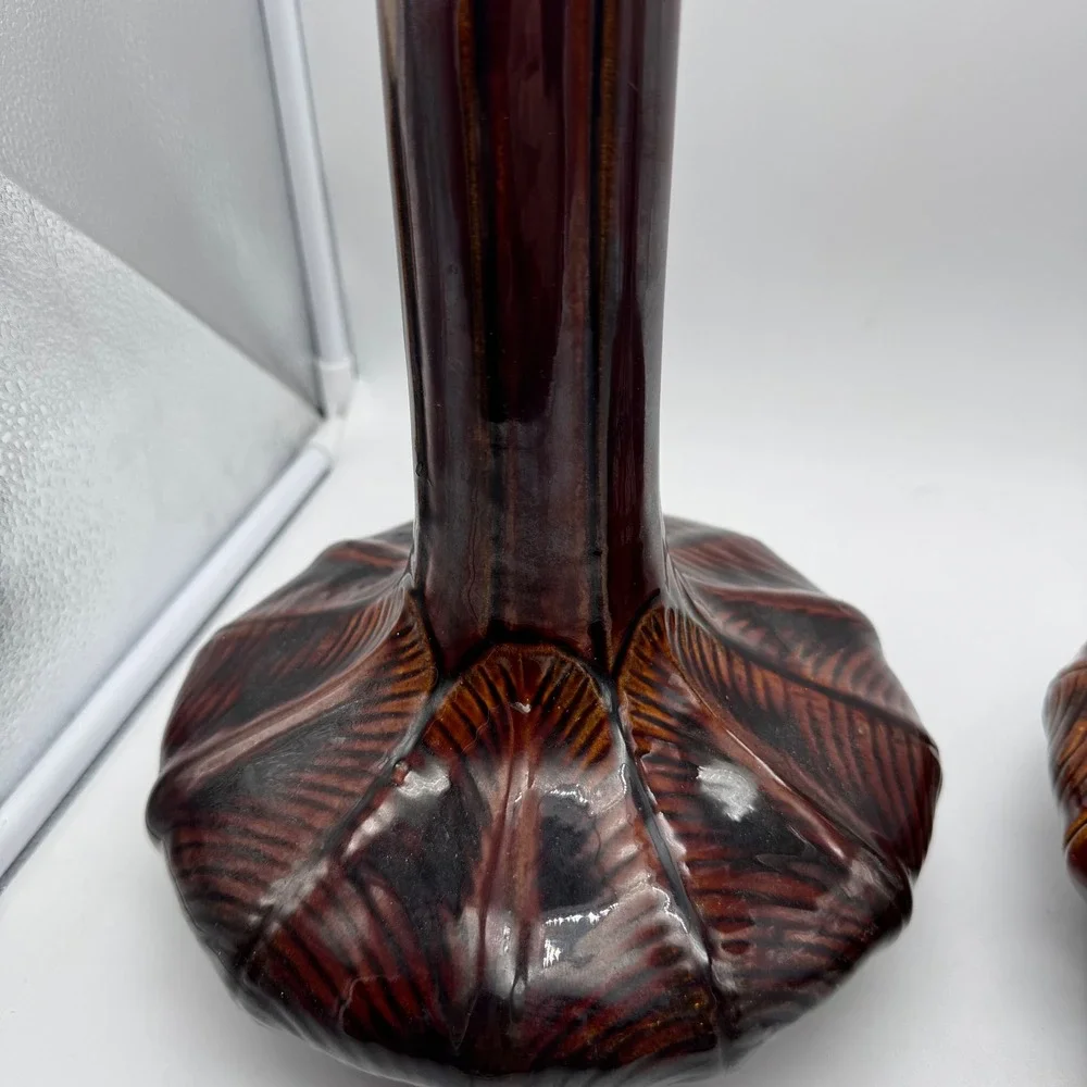 MCM Style Global Views Onion Vase Large Ceramic Art Deco Brown Green Glazed 17